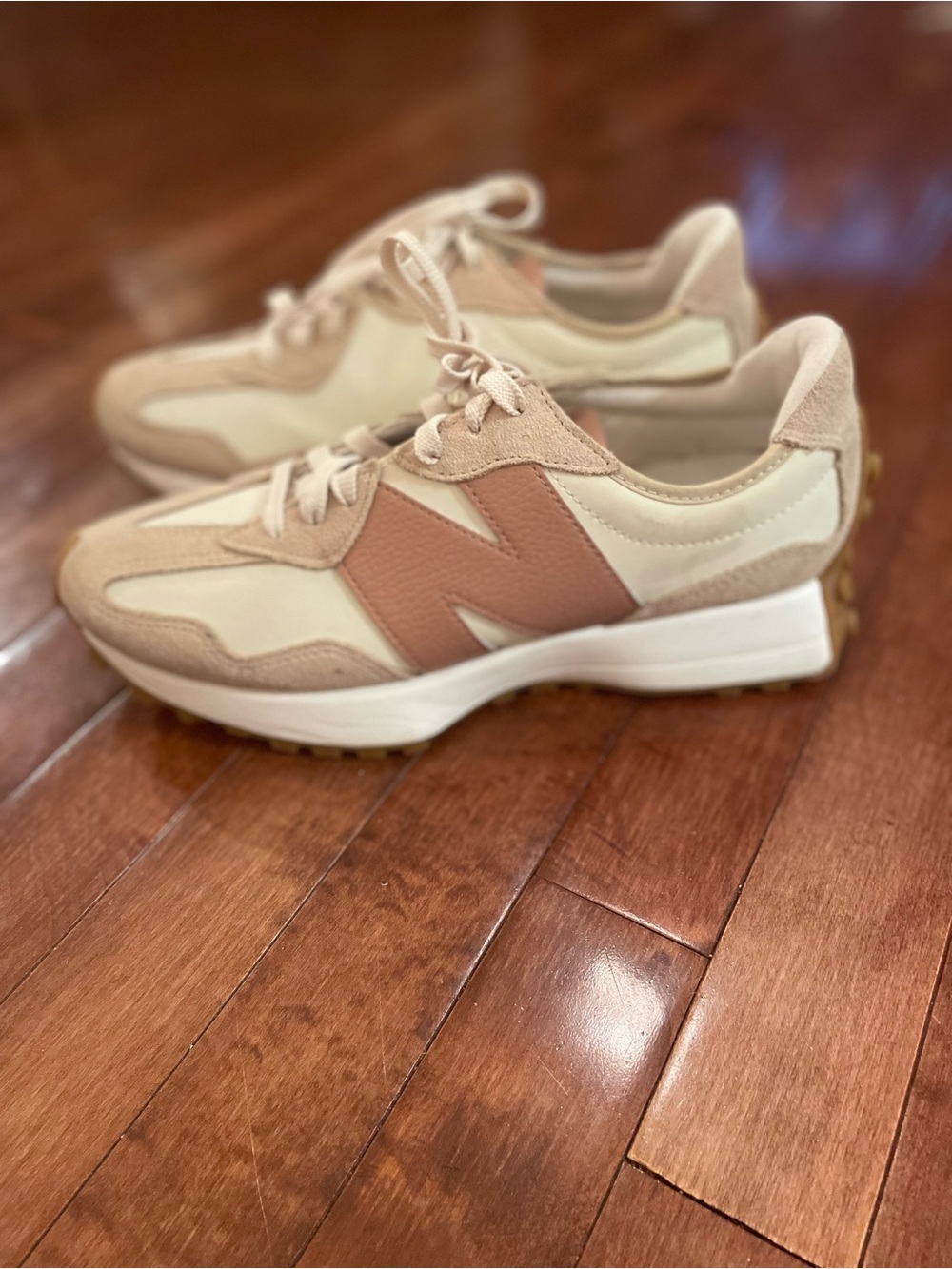 Women’s New Balance 327 Cream and Rose Leather Sneakers w/Tan Suede-Trim -10.5